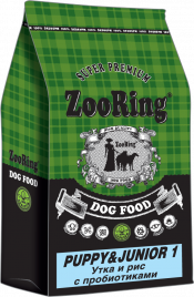 ZooRing Puppy Junior 1 сухой корм для собак утка, рис, пробиотик 10 кг